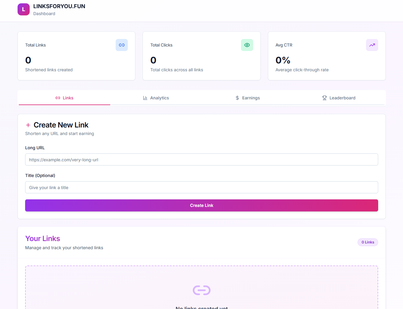 LINKSFORYOU.FUN Dashboard - Track links, monitor clicks, and manage your monetization
